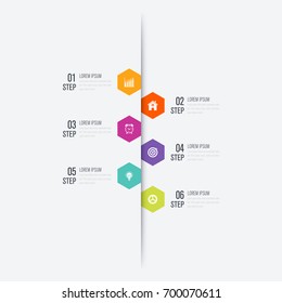 Six multicolored hexagons connected with text boxes and pictograms, infographic design template. Effective daily scheduling, task management concept. Vector illustration for mobile application, blog.