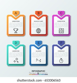 Six multicolored rectangular tags with lettered arrows pointing at them, text boxes and thin line icons inside. 6 business options. Realistic infographic design layout. Vector illustration for report.