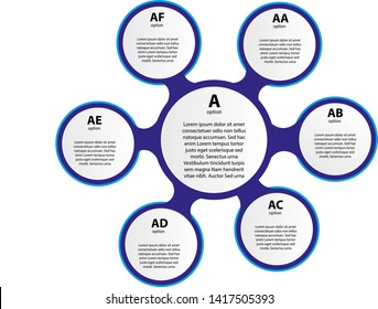 Six multicolored round elements with thin line icons inside placed around central circle. Cyclical diagram with 6 options concept. Modern infographic design layout. Vector illustration for brochure.