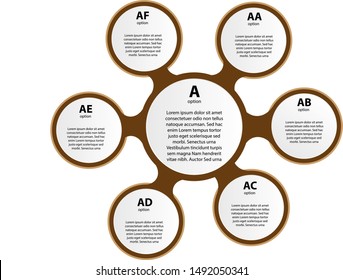 Six multicolored round elements with thin line icons inside placed around central circle. Cyclical diagram with 6 options concept. Modern infographic design layout. Vector illustration for brochure.