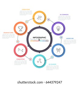 Six multicolored round elements with thin line icons inside placed around central circle. Cyclical diagram with 6 options concept. Modern infographic design layout. Vector illustration for brochure.