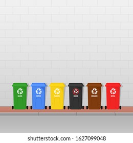 Six multi-colored trash containers for separate collection of waste stand on the sidewalk on the street against a gray brick wall with an empty space. Vector stock zero waste concept illustration.