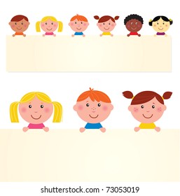 Six multicultural children with blank banner. Vector Illustration.