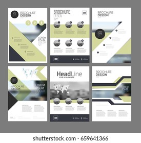 Six Multipurpose brochure template with cover, back and inside pages on flat geometric design with photo elements. Vertical a4 format.