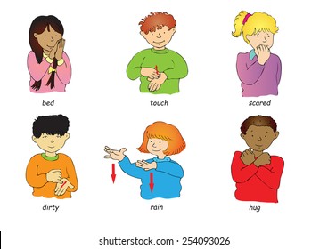 Six multi-racial children doing sign language