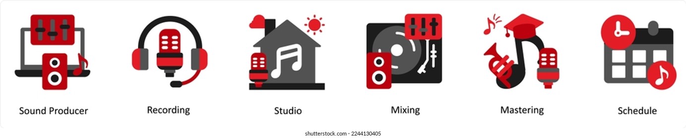 Seis iconos musicales en rojo y negro como productor de sonido, grabación, estudio