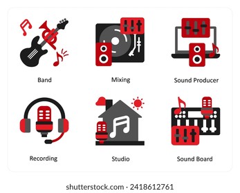 Seis íconos musicales en rojo y negro como banda, mezclador, productor de sonido