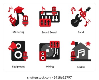 Six music icons in red and black as mastering, sound board, band,