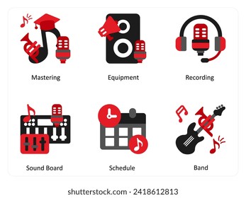 Six music icons in red and black as mastering, equipment, recording