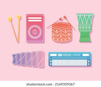 six music instruments pastel icons