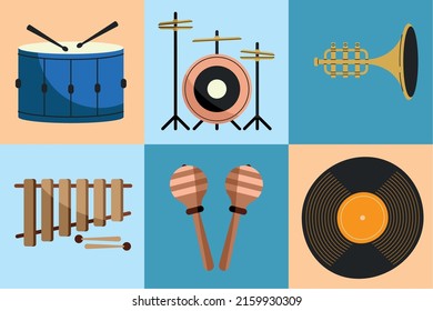 six musical instruments set icons