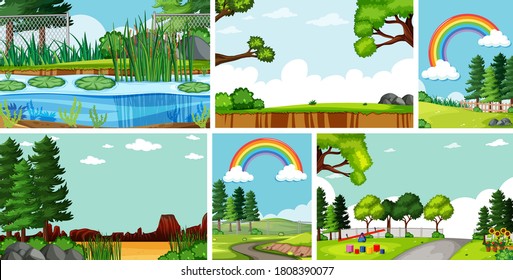 Seis escenas de la naturaleza con la ilustración de diferentes ubicaciones