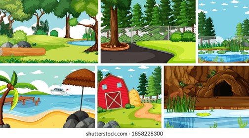 Seis escenas de la naturaleza con la ilustración de diferentes ubicaciones