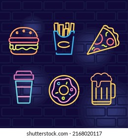 six neon lights fast food icons
