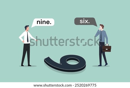 Six or Nine. Different answers from the perspective and point of view concept. Opposite view from two different people