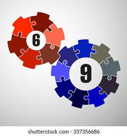 Six and nine piece flat puzzle round infographic presentation. 6 9 step circle business diagram. section compare service banner. Vector illustration template shape . 3d Abstract Background