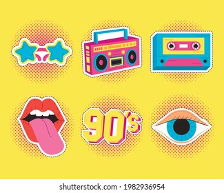 seis iconos de conjunto de parches de noventa