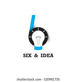 Six number icon and light bulb abstract logo design vector template.Business and education logotype idea concept.Vector illustration
