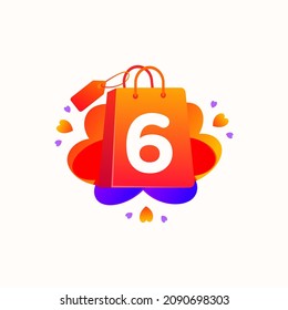 Six Number with love shopping bag icon and Sale tag vector element design. Six numerical illustration template for corporate identity, Special offer tag, Super Sale label, sticker, poster etc.