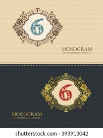 Six Number Typographic design elements, Calligraphic graceful template, Elegant line art logo, Business sign for Royalty