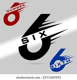 Six; number and word. Speed, racing and sharpness themed, straight lines number and name typography. Text logo studies for all numbers. Speed ​​and flash themed vector logo.