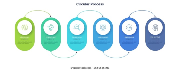 Six numbered circular frames placed in horizontal row. Concept of 6 stages of marketing strategy. Modern flat infographic design template. Simple vector illustration for business presentation.