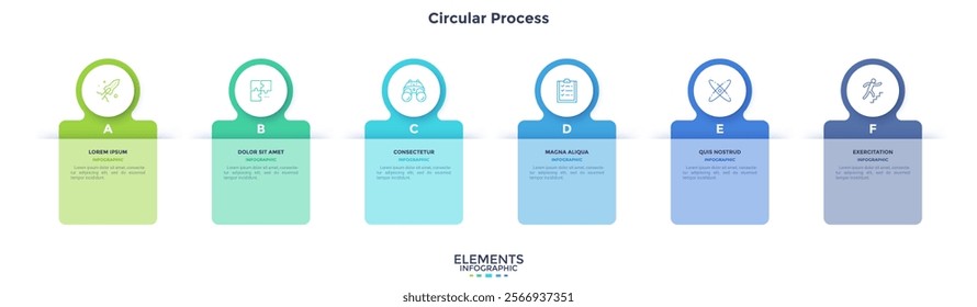 Six numbered circular frames placed in horizontal row. Concept of 6 stages of marketing strategy. Modern flat infographic design template. Simple vector illustration for business presentation.