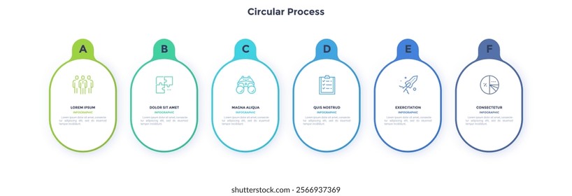 Six numbered circular frames placed in horizontal row. Concept of 6 stages of marketing strategy. Modern flat infographic design template. Simple vector illustration for business presentation.