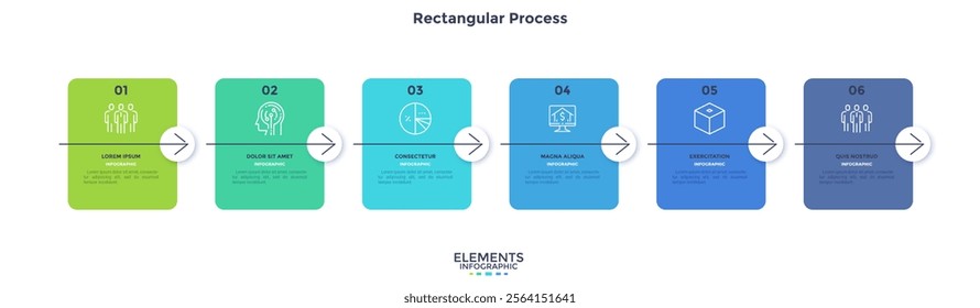 Six numbered rectangular frames with arrows placed in horizontal row. Concept of 6 stages of marketing strategy. Modern flat infographic design template. Vector illustration for business presentation.