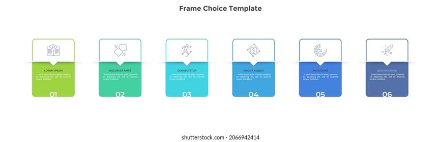 Six numbered rectangular frames placed in horizontal row. Concept of 6 stages of marketing strategy. Modern flat infographic design template. Simple vector illustration for business presentation. - Shutterstock ID 2066942414