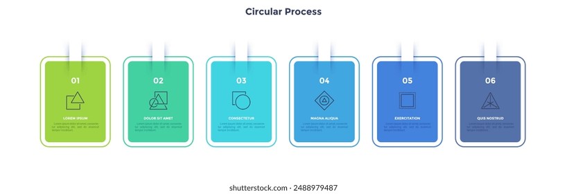 Six numbered rectangular frames placed in horizontal row. Concept of 6 stages of marketing strategy. Modern flat infographic design template. Simple vector illustration for business presentation.