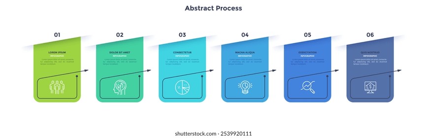 Seis quadros retangulares numerados colocados em linha horizontal. Conceito de 6 fases da estratégia de comercialização. Modelo de design de infográfico plano moderno. Ilustração vetorial simples para apresentação de negócios.