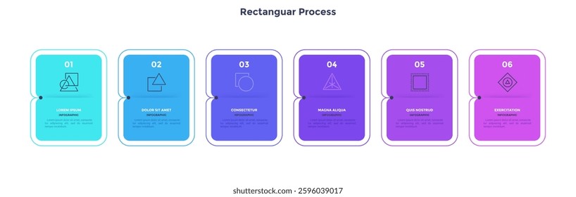 Six numbered rectangular frames placed in horizontal row. Concept of 6 stages of marketing strategy. Modern flat infographic design template. Simple vector illustration for business 