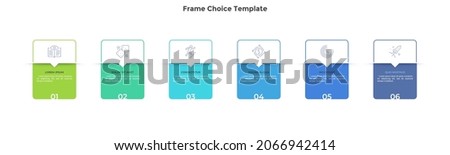 Six numbered rectangular frames placed in horizontal row. Concept of 6 stages of marketing strategy. Modern flat infographic design template. Simple vector illustration for business presentation.