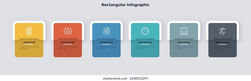 Six numbered rectangular paper frames placed in horizontal row. Concept of 6 stages of marketing strategy. Modern flat infographic design template. Simple vector illustration for business 