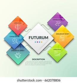 Six numbered square elements of different color and size placed around central one and connected with it by lines. Futuristic infographic design layout. Vector illustration for brochure, banner.