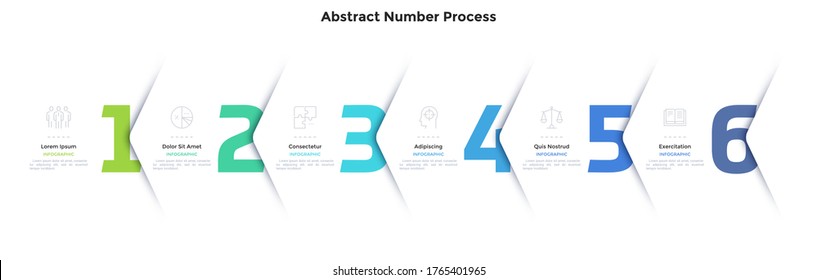 Six numbers or figures overlaid by paper white corners or arrows. Concept of 6 successive steps of business process. Minimal infographic design template. Modern vector illustration for progress bar.