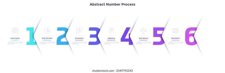 Six numbers or figures overlaid by paper white corners or arrows. Concept of 6 successive steps of business process. Minimal infographic design template. Modern vector illustration for progress bar.