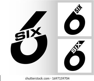 Six; numeral and word logo for number. Six letter with six figure logo design. Number name typography.  Text logo studies for all numbers.