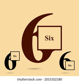 Seis; numeral y logotipo de palabra para número. Seis letras en caja con seis figuras de diseño de logotipo. Diseño tipográfico de nombres numéricos. Diseño de fuentes serias.  Logotipo de texto y estudios numéricos de logotipo para todos los números.