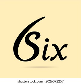 Six; numeral and word logo for number. Handwriting six letter with six figure logo design. Number names typography design. Text logo and numeral logo studies for all numbers.