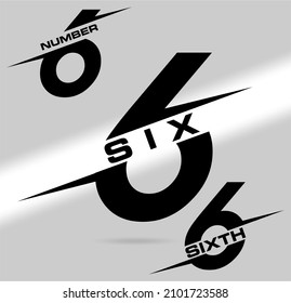 Six; numeral and word logo for number. Six letter with six figure logo design. Number and name typography.  Text logo studies for all numbers. Speed and flash themed vector logo.