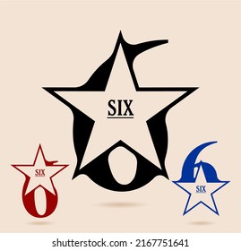 Six; Numeral And Word Logo For Number. Six With Star Shaped Logo Design. Number Names Typography Design. Serif Font Design.  Text Logo Studies For All Numbers.