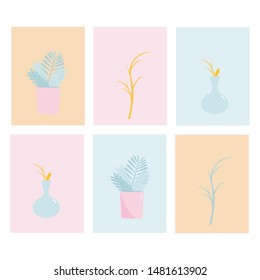 Six objects. Set of paintings. 
In each picture is a flower(plant, herb). Beautiful fashion illustration.  Perfect for advertising, poster, postcard, card, invitation, print, banner. EPS 10