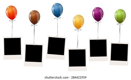 six old empty photos hanging on flying colored balloons