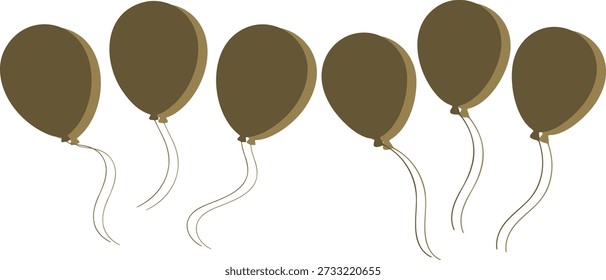 Seis globos de color verde oliva con cuerdas delgadas flotando hacia arriba sobre un fondo blanco marrón