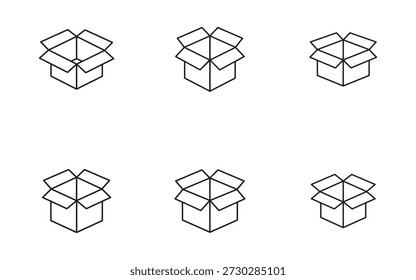 Six open cardboard boxes shown in different angles isolated on transparent background