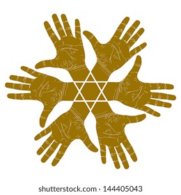 Six open hands abstract symbol with hexagonal star, detailed single color vector illustration, hand sign.