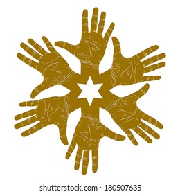 Six open hands abstract symbol with hexagonal star, detailed single color vector illustration, hand sign.
