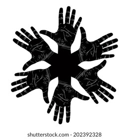 Six open hands abstract symbol, detailed black and white vector illustration, hand sign.